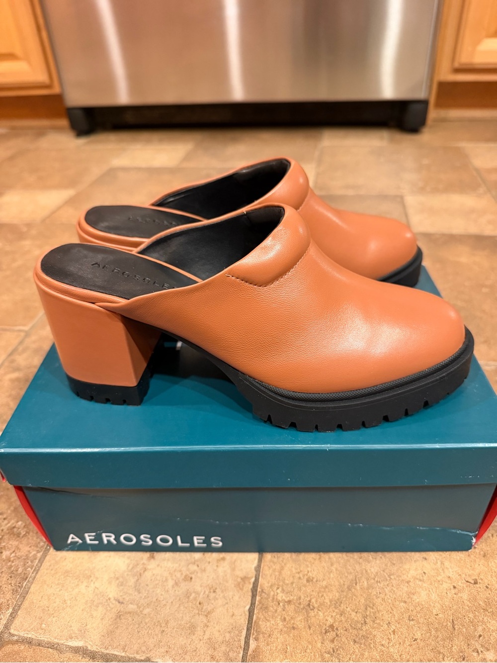 AEROSOLES Cognac Leather Slip-On Block Heel Clog